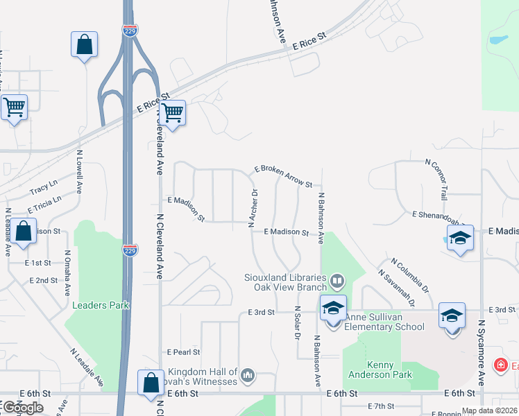 map of restaurants, bars, coffee shops, grocery stores, and more near 1000-1098 North Caleb Avenue in Sioux Falls