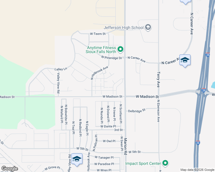 map of restaurants, bars, coffee shops, grocery stores, and more near 5300 West Sourwood Place in Sioux Falls