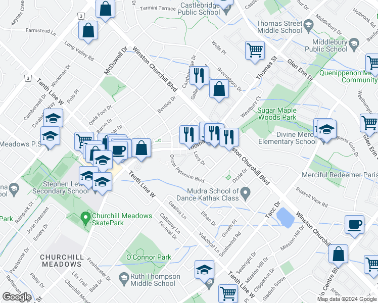 map of restaurants, bars, coffee shops, grocery stores, and more near 3070 Thomas Street in Mississauga