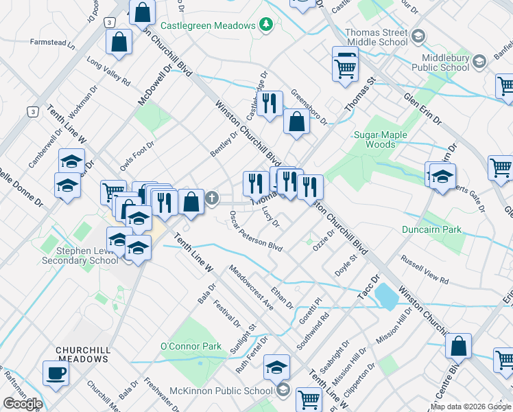 map of restaurants, bars, coffee shops, grocery stores, and more near 3070 Thomas Street in Mississauga
