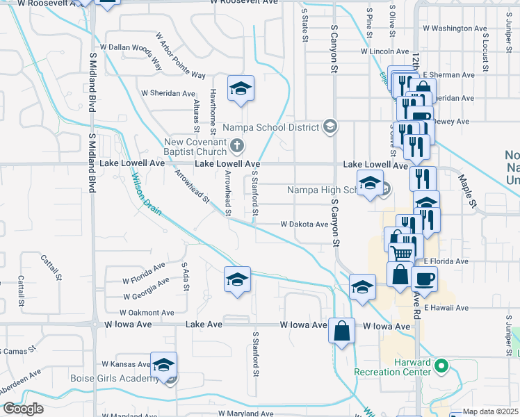 map of restaurants, bars, coffee shops, grocery stores, and more near 547 West Colorado Avenue in Nampa
