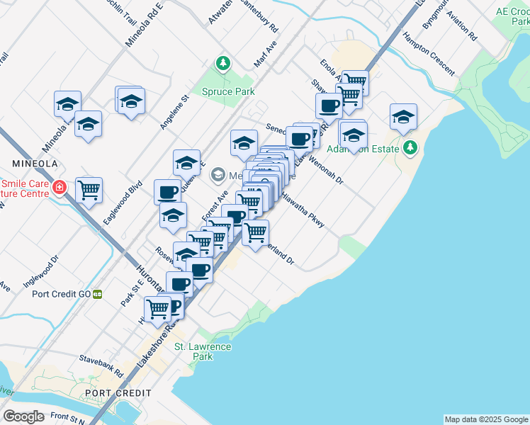 map of restaurants, bars, coffee shops, grocery stores, and more near 253 Lakeshore Road East in Mississauga