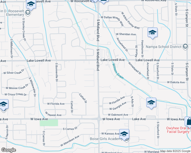 map of restaurants, bars, coffee shops, grocery stores, and more near 916 Aspen Grove Street in Nampa