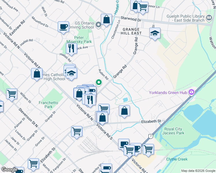 map of restaurants, bars, coffee shops, grocery stores, and more near 35 Thornton Street in Guelph