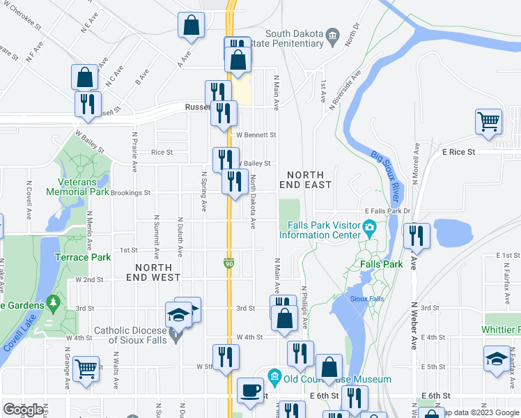 map of restaurants, bars, coffee shops, grocery stores, and more near 1008 North Dakota Avenue in Sioux Falls