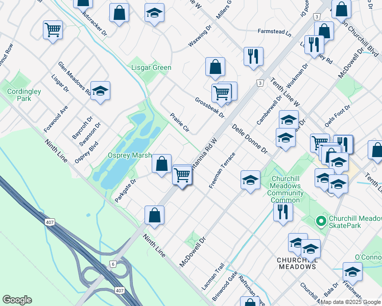 map of restaurants, bars, coffee shops, grocery stores, and more near 6013 Castlegrove Court in Mississauga