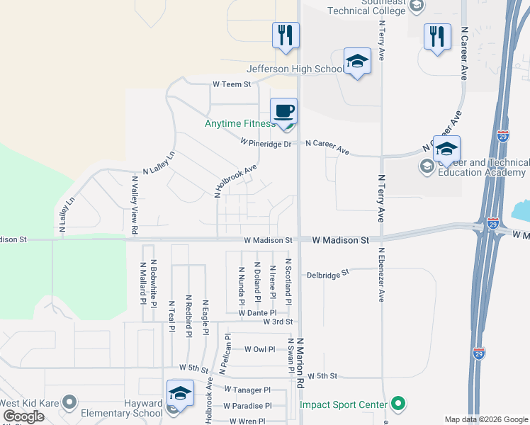 map of restaurants, bars, coffee shops, grocery stores, and more near 5300 West Sourwood Place in Sioux Falls