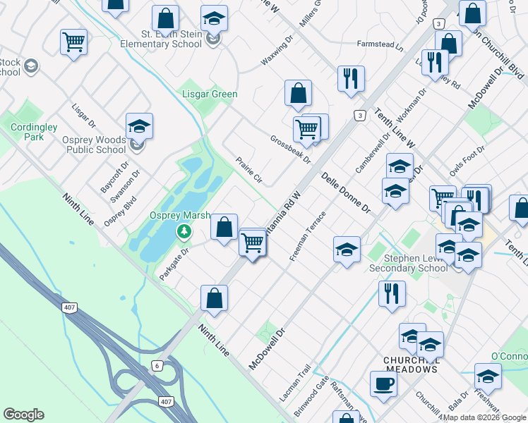 map of restaurants, bars, coffee shops, grocery stores, and more near 6013 Castlegrove Court in Mississauga
