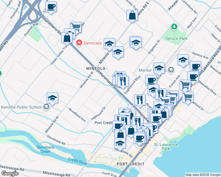 map of restaurants, bars, coffee shops, grocery stores, and more near 1235 Old River Road in Mississauga