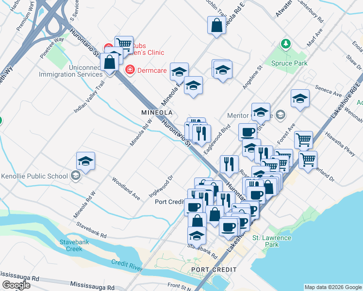 map of restaurants, bars, coffee shops, grocery stores, and more near 1252 Hurontario Street in Mississauga