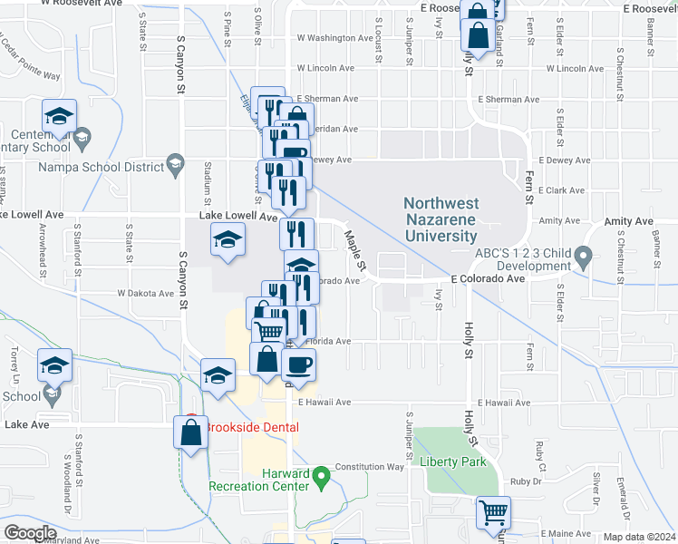 map of restaurants, bars, coffee shops, grocery stores, and more near 215 East Bird Avenue in Nampa
