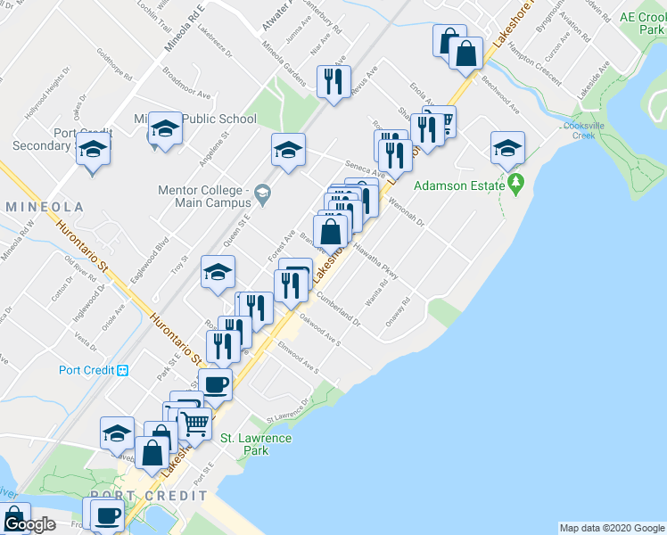 map of restaurants, bars, coffee shops, grocery stores, and more near in Mississauga