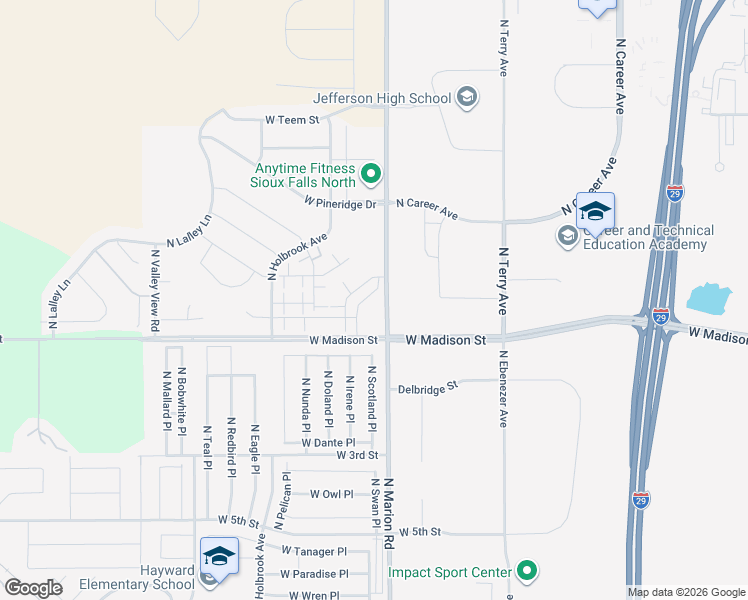 map of restaurants, bars, coffee shops, grocery stores, and more near 901-1381 North Marion Road in Sioux Falls