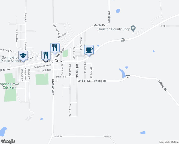 map of restaurants, bars, coffee shops, grocery stores, and more near 150 5th Avenue Southeast in Spring Grove