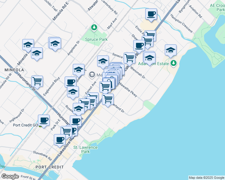 map of restaurants, bars, coffee shops, grocery stores, and more near 255 Lakeshore Road East in Mississauga