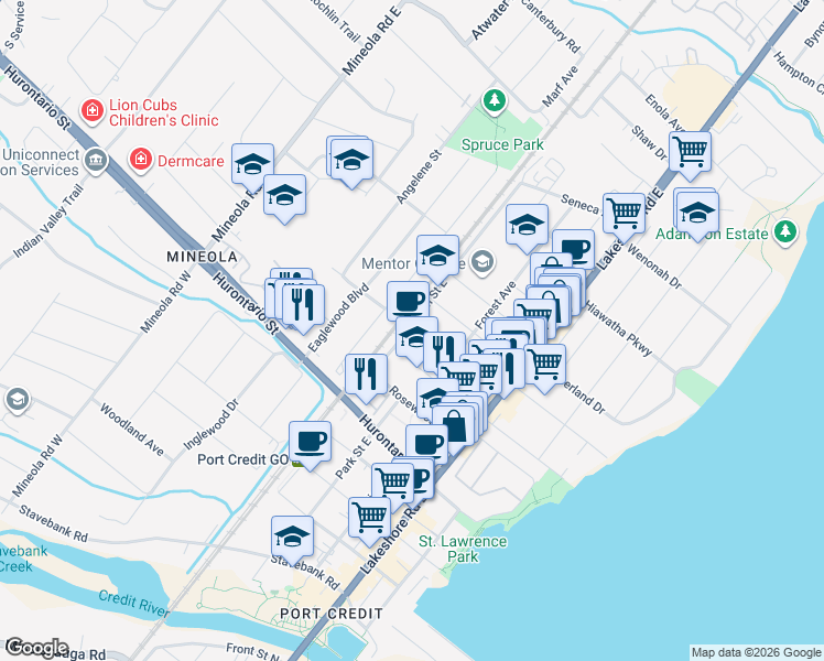 map of restaurants, bars, coffee shops, grocery stores, and more near 137 Queen Street East in Mississauga