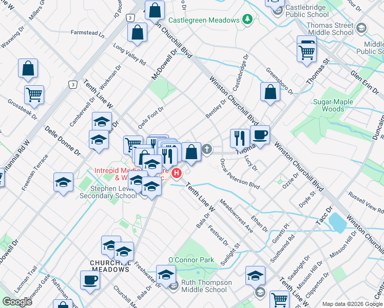 map of restaurants, bars, coffee shops, grocery stores, and more near 3335 Thomas Street in Mississauga