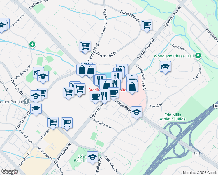 map of restaurants, bars, coffee shops, grocery stores, and more near 2485 Eglinton Avenue West in Mississauga