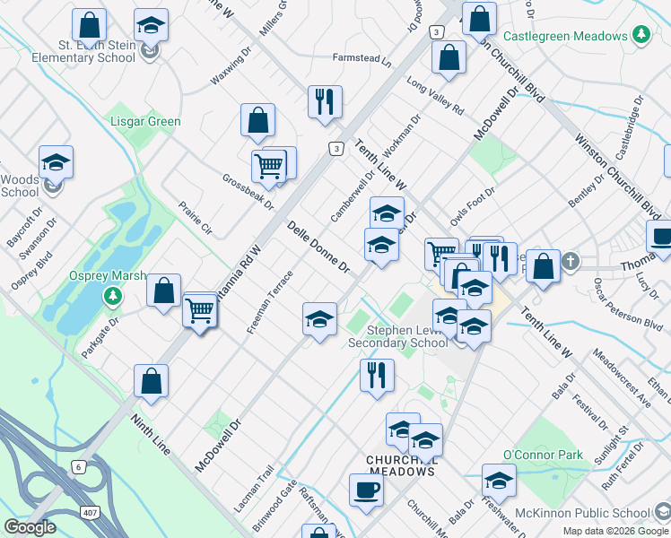 map of restaurants, bars, coffee shops, grocery stores, and more near 5854 Delle Donne Drive in Mississauga