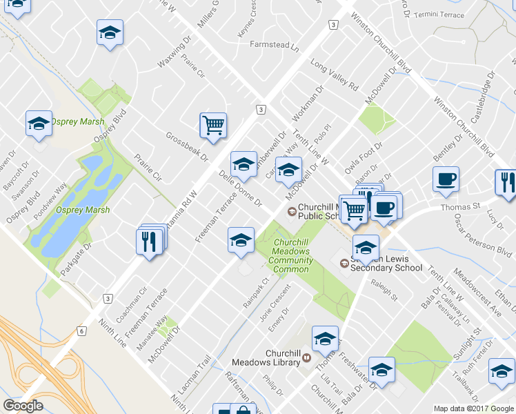 map of restaurants, bars, coffee shops, grocery stores, and more near 5852 Delle Donne Drive in Mississauga