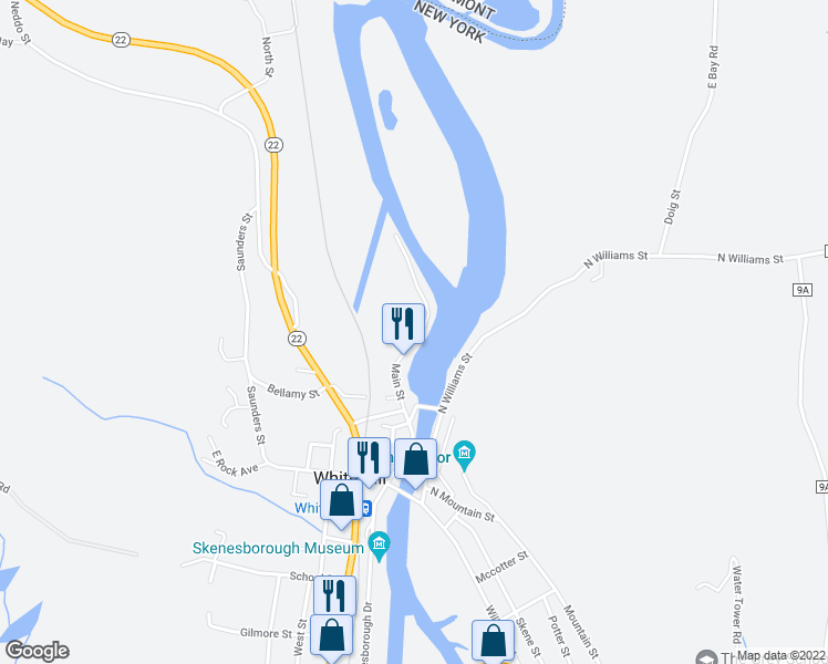 map of restaurants, bars, coffee shops, grocery stores, and more near 4 Main Street in Whitehall