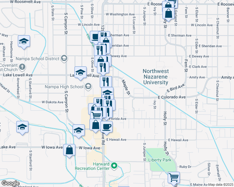 map of restaurants, bars, coffee shops, grocery stores, and more near 215 East Bird Avenue in Nampa
