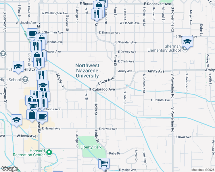 map of restaurants, bars, coffee shops, grocery stores, and more near 903 Fern Street in Nampa