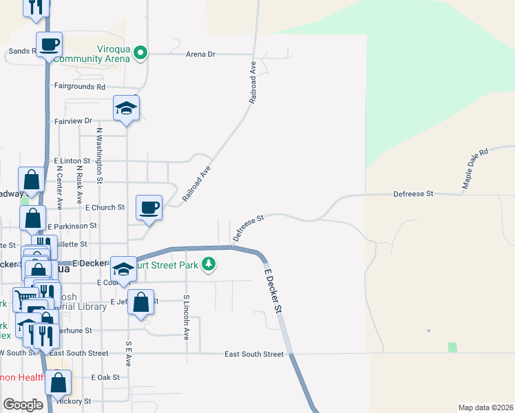 map of restaurants, bars, coffee shops, grocery stores, and more near 1020 Defreese Street in Viroqua