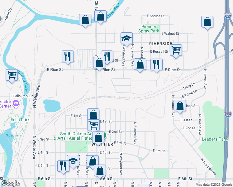 map of restaurants, bars, coffee shops, grocery stores, and more near 1400 East Iris Place in Sioux Falls
