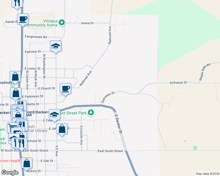map of restaurants, bars, coffee shops, grocery stores, and more near 1020 Defreese Street in Viroqua