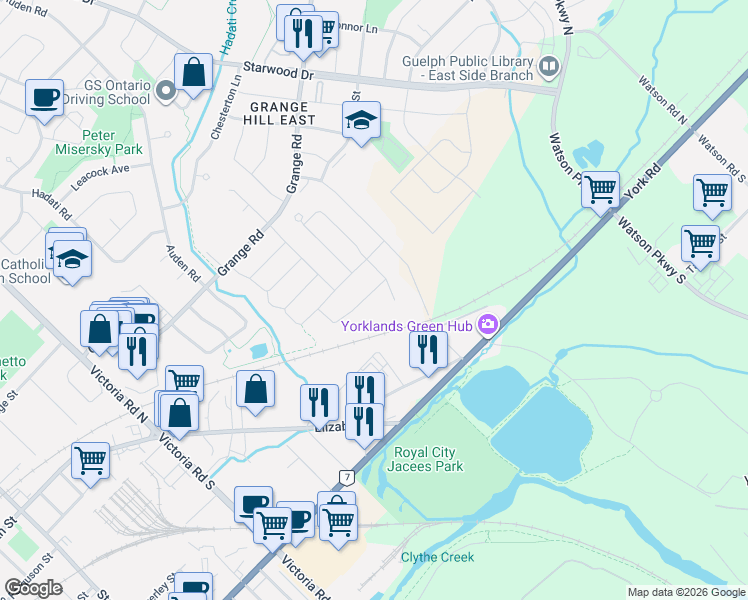 map of restaurants, bars, coffee shops, grocery stores, and more near 11 Valleyhaven Lane in Guelph