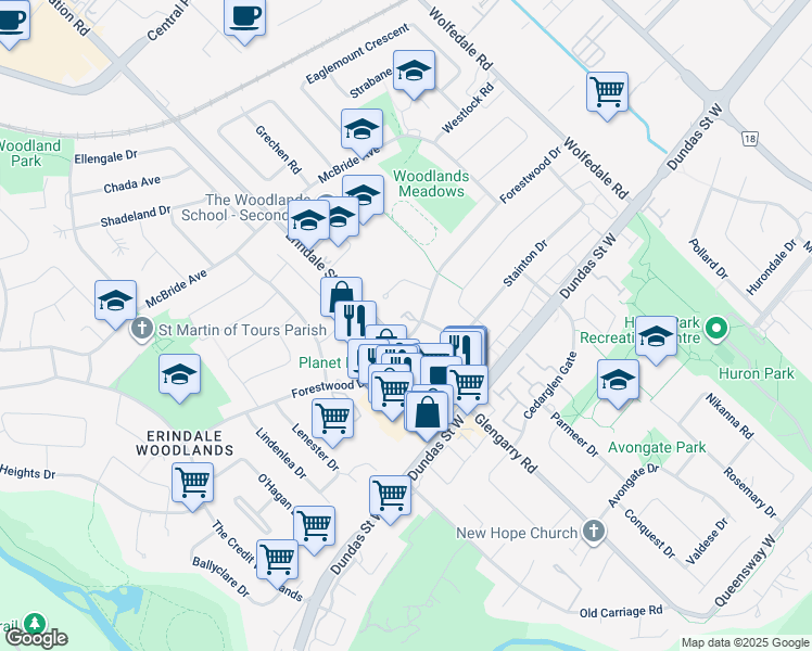 map of restaurants, bars, coffee shops, grocery stores, and more near 1055a Forestwood Drive in Mississauga
