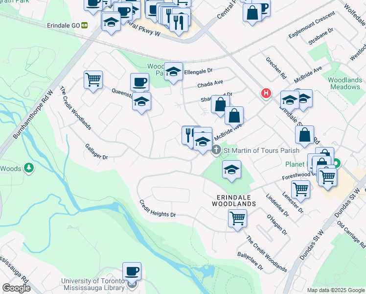 map of restaurants, bars, coffee shops, grocery stores, and more near 3375 Kelowna Court in Mississauga