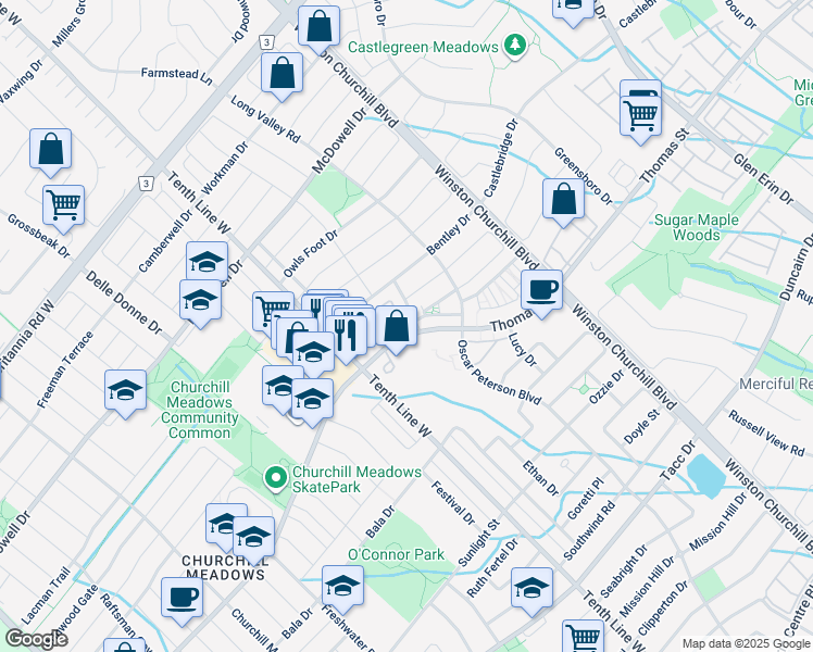 map of restaurants, bars, coffee shops, grocery stores, and more near 3335 Thomas Street in Mississauga