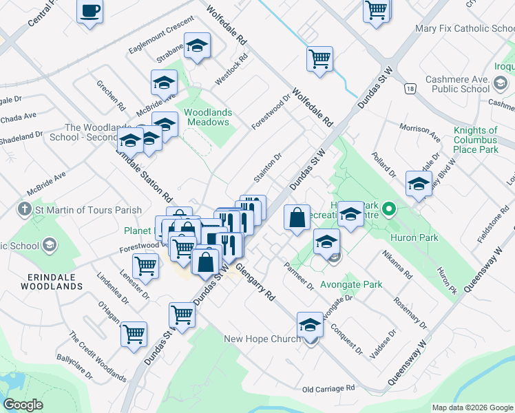 map of restaurants, bars, coffee shops, grocery stores, and more near Gulistan Road in Mississauga