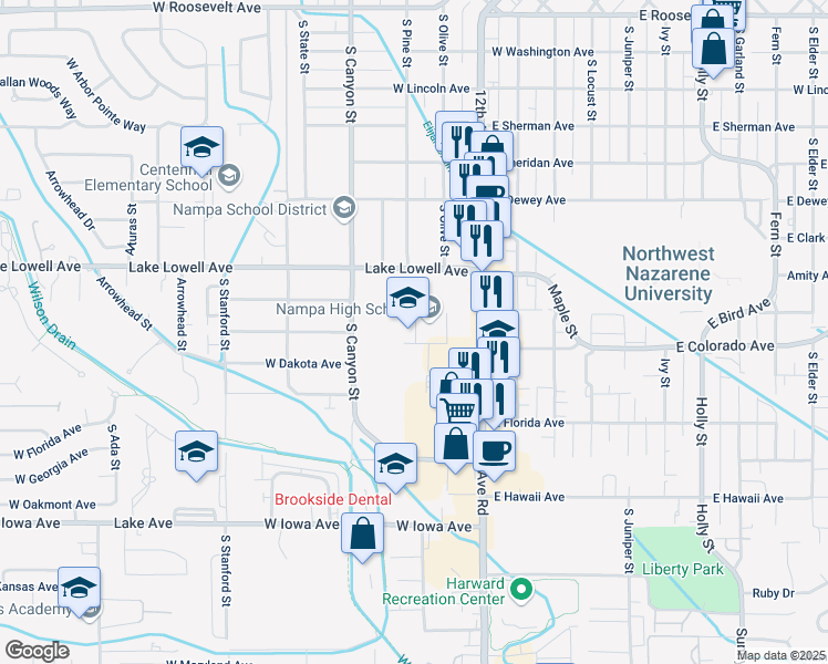 map of restaurants, bars, coffee shops, grocery stores, and more near 203 Lake Lowell Avenue in Nampa