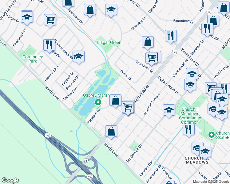 map of restaurants, bars, coffee shops, grocery stores, and more near in Mississauga