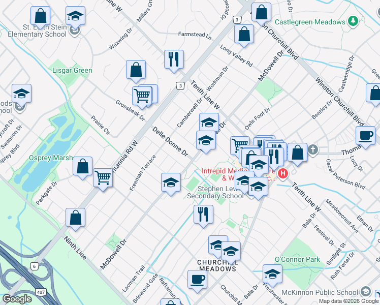map of restaurants, bars, coffee shops, grocery stores, and more near 5833 Delle Donne Drive in Mississauga