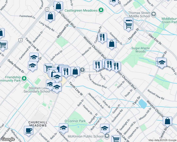 map of restaurants, bars, coffee shops, grocery stores, and more near 3215 Thomas Street in Mississauga