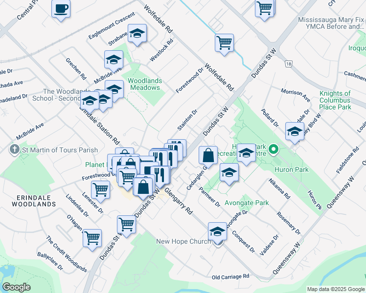 map of restaurants, bars, coffee shops, grocery stores, and more near 3020 Cedarglen Gate in Mississauga
