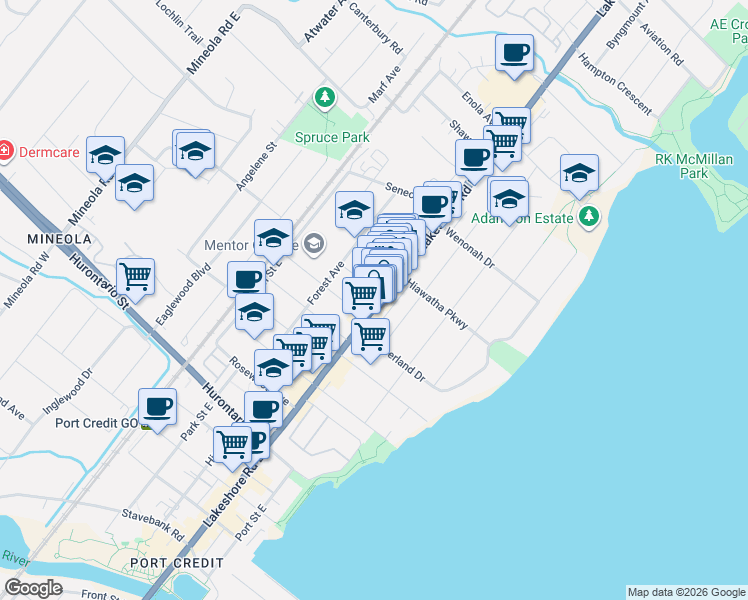 map of restaurants, bars, coffee shops, grocery stores, and more near 256 Lakeshore Road East in Mississauga