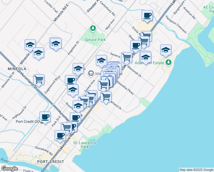 map of restaurants, bars, coffee shops, grocery stores, and more near 256 Lakeshore Road East in Mississauga