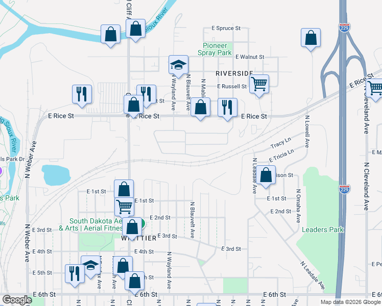 map of restaurants, bars, coffee shops, grocery stores, and more near 1100-1166 North Violet Place in Sioux Falls