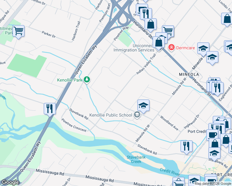 map of restaurants, bars, coffee shops, grocery stores, and more near 233 Indian Valley Trail in Mississauga