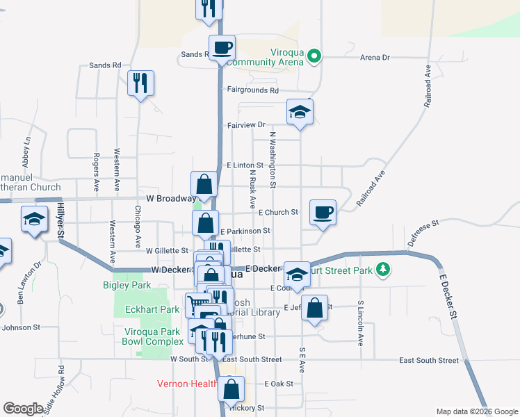 map of restaurants, bars, coffee shops, grocery stores, and more near 308 East Church Street in Viroqua