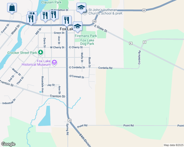 map of restaurants, bars, coffee shops, grocery stores, and more near 103 Eggleston Street in Fox Lake