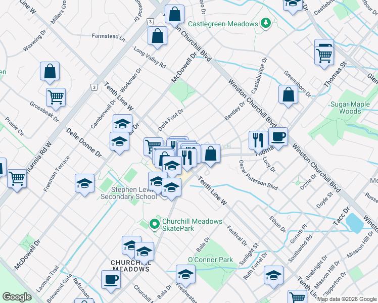 map of restaurants, bars, coffee shops, grocery stores, and more near 3200 Bentley Drive in Mississauga
