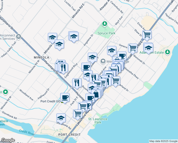 map of restaurants, bars, coffee shops, grocery stores, and more near 55 Woodlawn Avenue in Mississauga