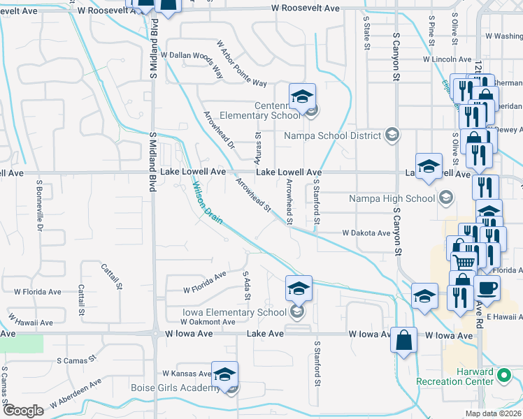 map of restaurants, bars, coffee shops, grocery stores, and more near 719 Arrowhead Drive in Nampa