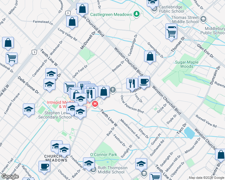 map of restaurants, bars, coffee shops, grocery stores, and more near 3265 Thomas Street in Mississauga